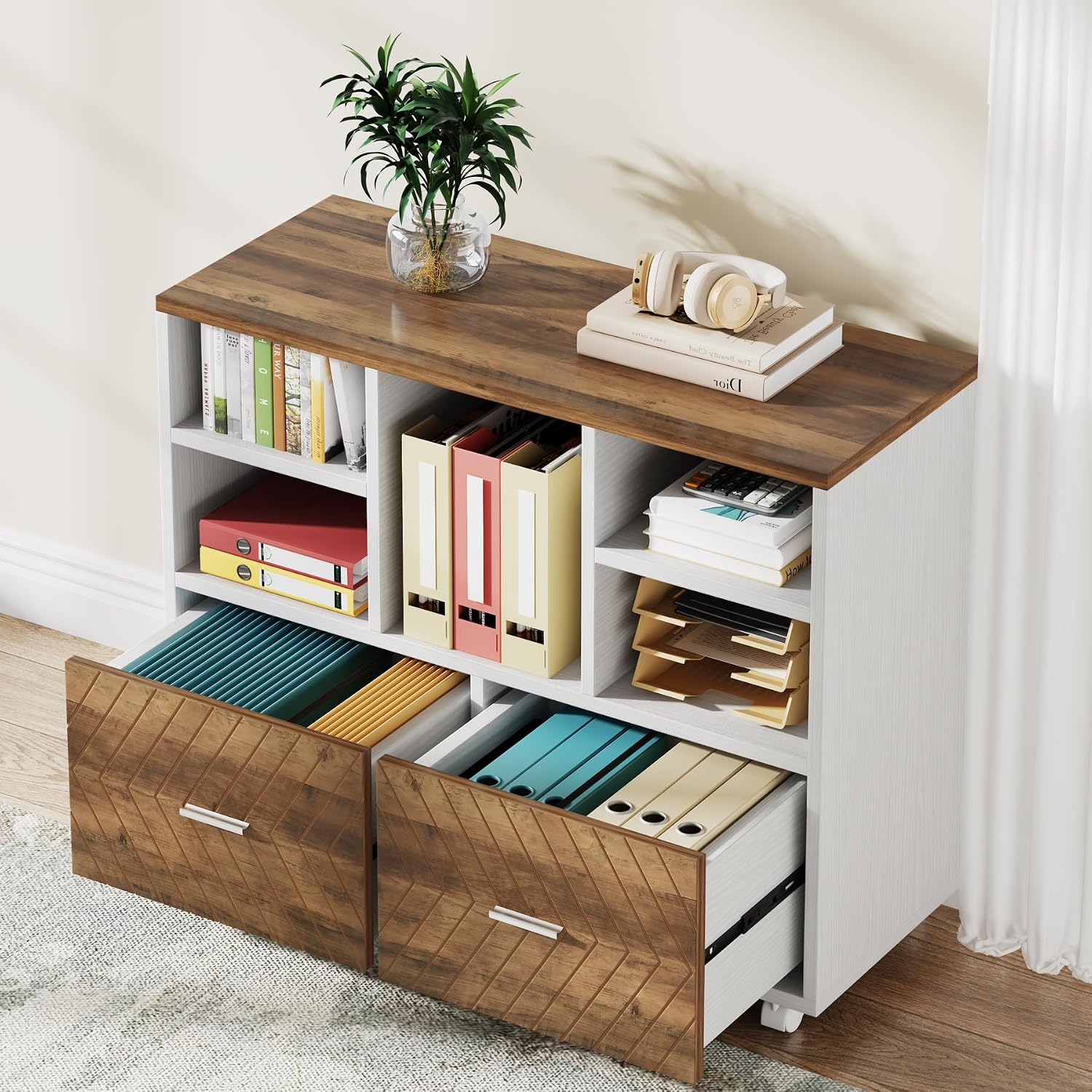 Printer Stand - ตู้เก็บเอกสารไม้แบบ 2 ลิ้นชัก, ตู้เก็บเอกสารแบบเคลื่อนที่สำหรับเอกสารขนาด Letter, แท่นวางเครื่องพิมพ์พร้อมชั้นวางของแบบเปิด