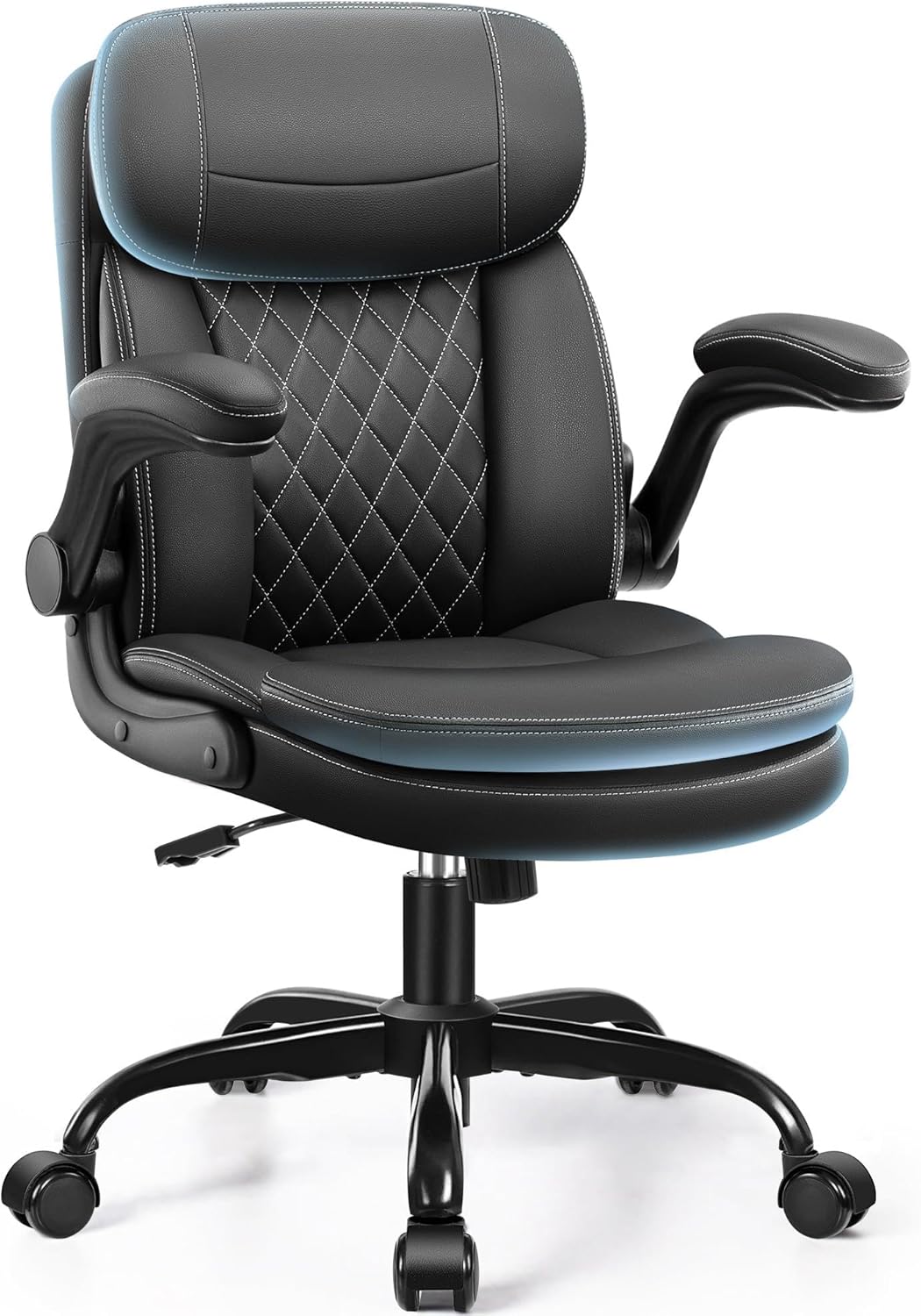 Office Chair Cushion - เก้าอี้สำนักงานตามหลักสรีรศาสตร์พร้อมเบาะสองชั้น ที่วางแขนแบบพับได้ และพนักพิงศีรษะสำหรับพื้นที่ขนาดเล็ก สีดำ