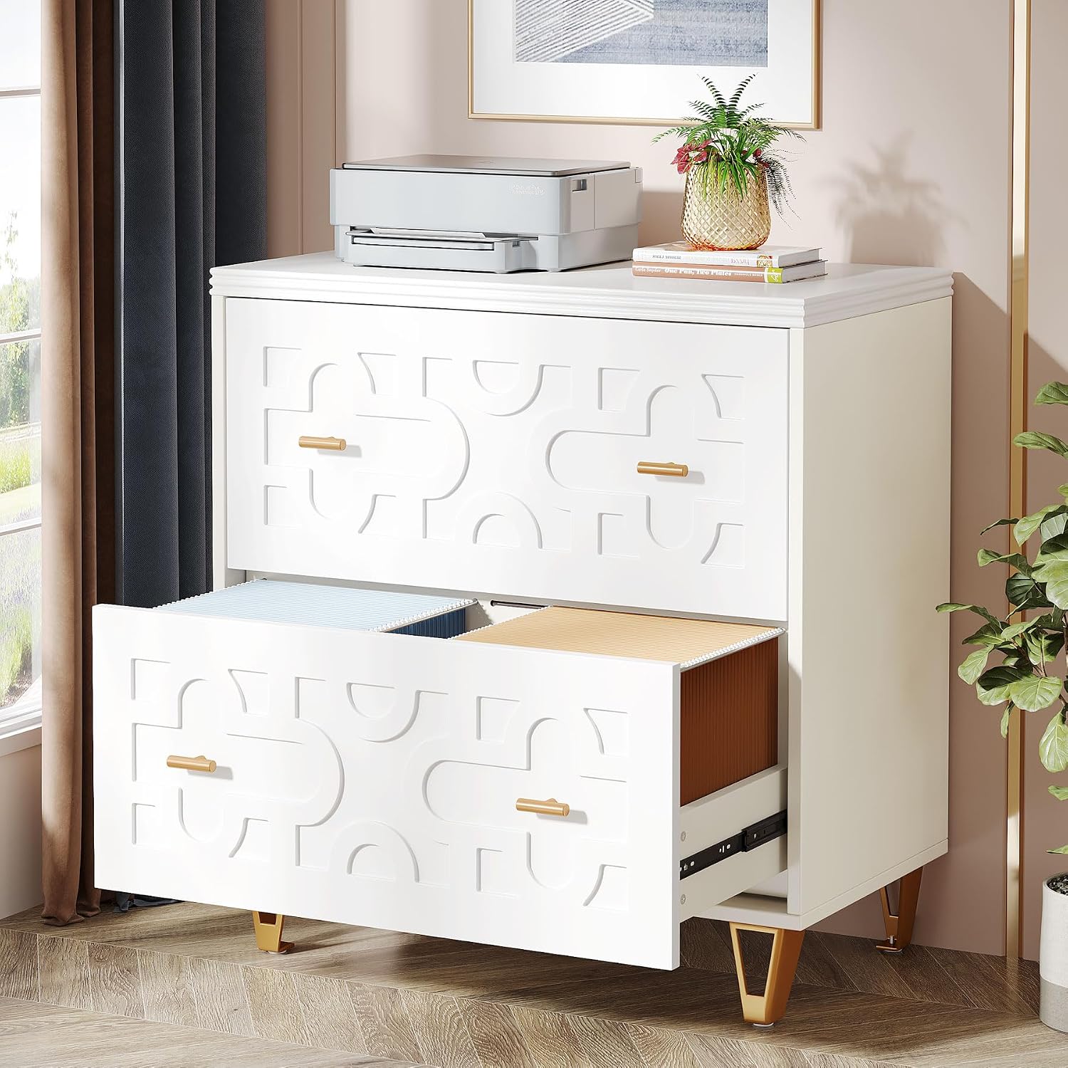 Printer Stand - ตู้เก็บเอกสารแบบลิ้นชัก 2 ชั้น สีขาวอบอุ่นและสีทอง | ทันสมัย,