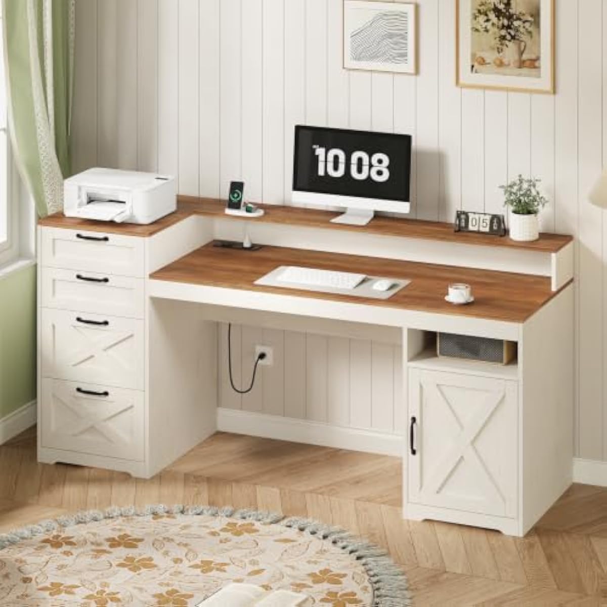 Printer Stand - โต๊ะทำงานไม้สังเคราะห์สีขาวสไตล์รัสติก ขนาด 63 นิ้ว พร้อมตู้ลิ้นชัก 4