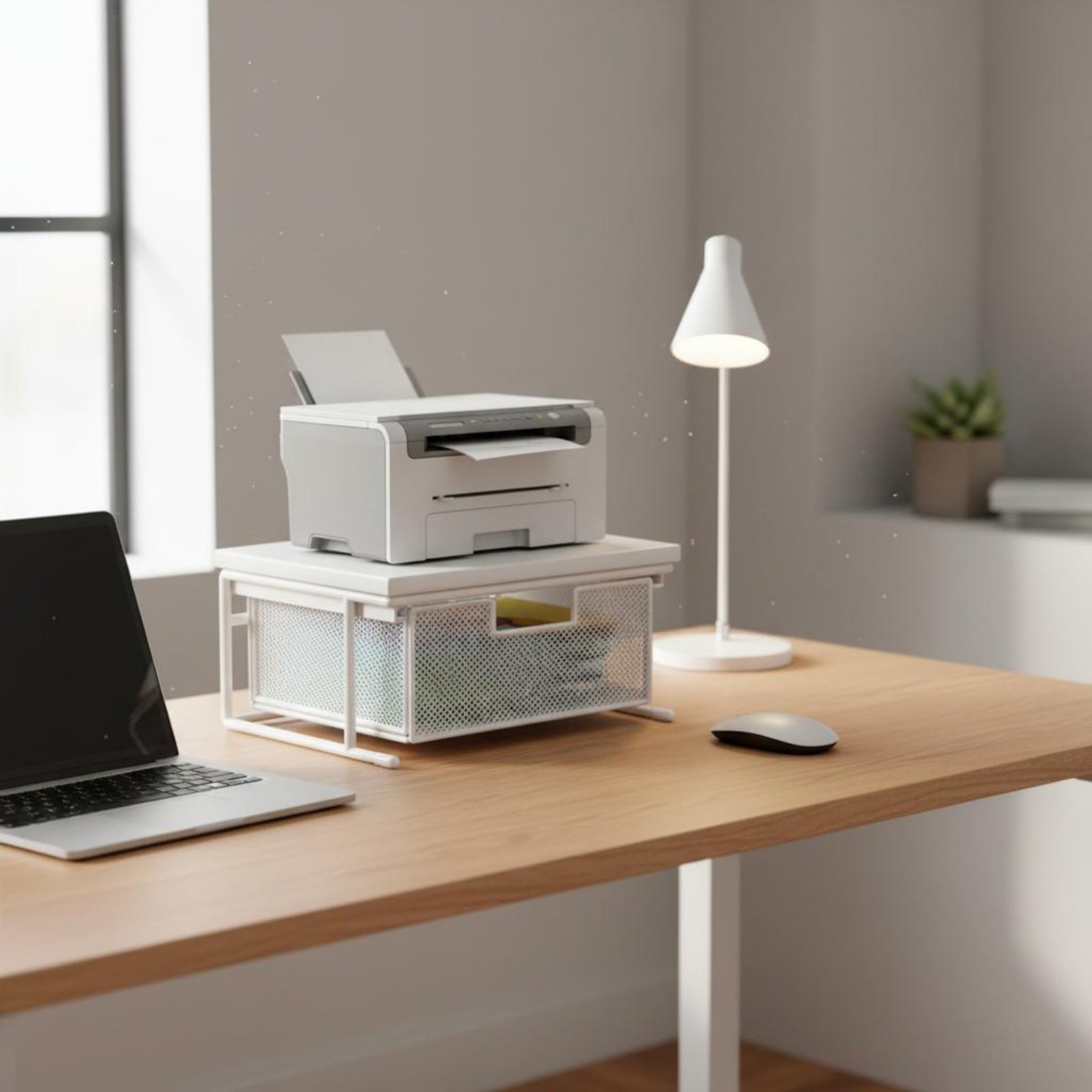 Printer Stand - ขาตั้งเครื่องพิมพ์พร้อมลิ้นชัก ขาตั้งเครื่องพิมพ์อเนกประสงค์สำหรับวางบนโต๊ะ ชั้นวางของบนโต๊ะ วัสดุไม้ ที่เก็บของบนโต๊ะ โครงโลหะ